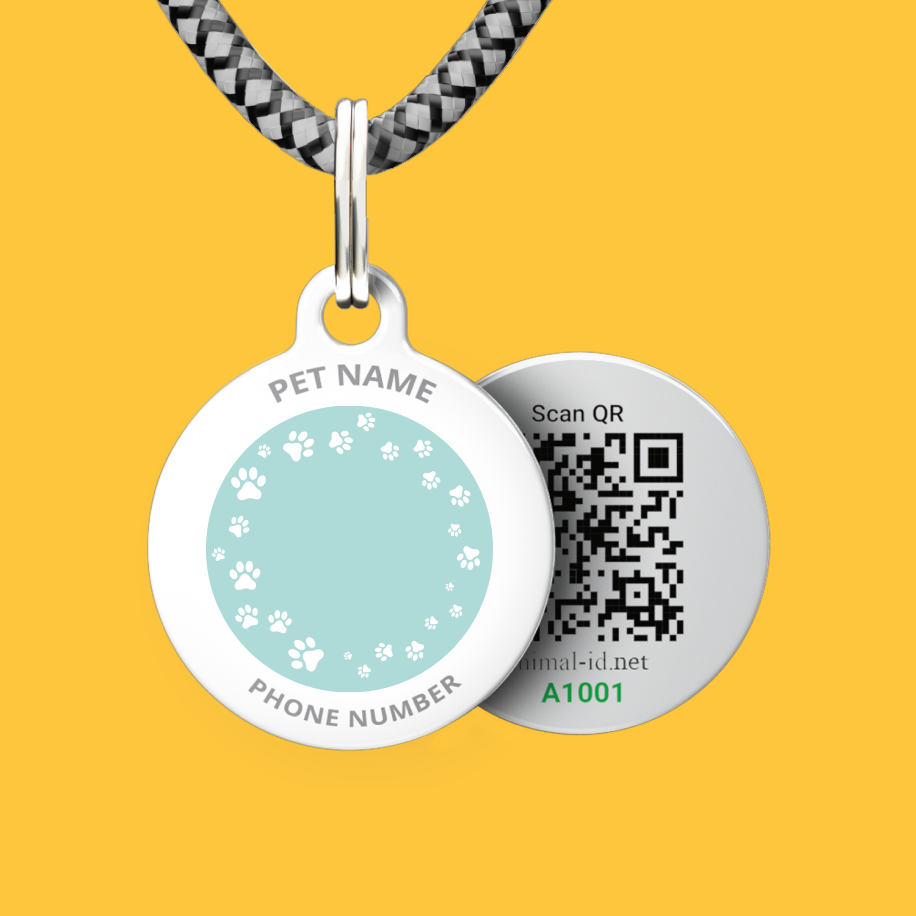 Blue Paws with pet name and phone